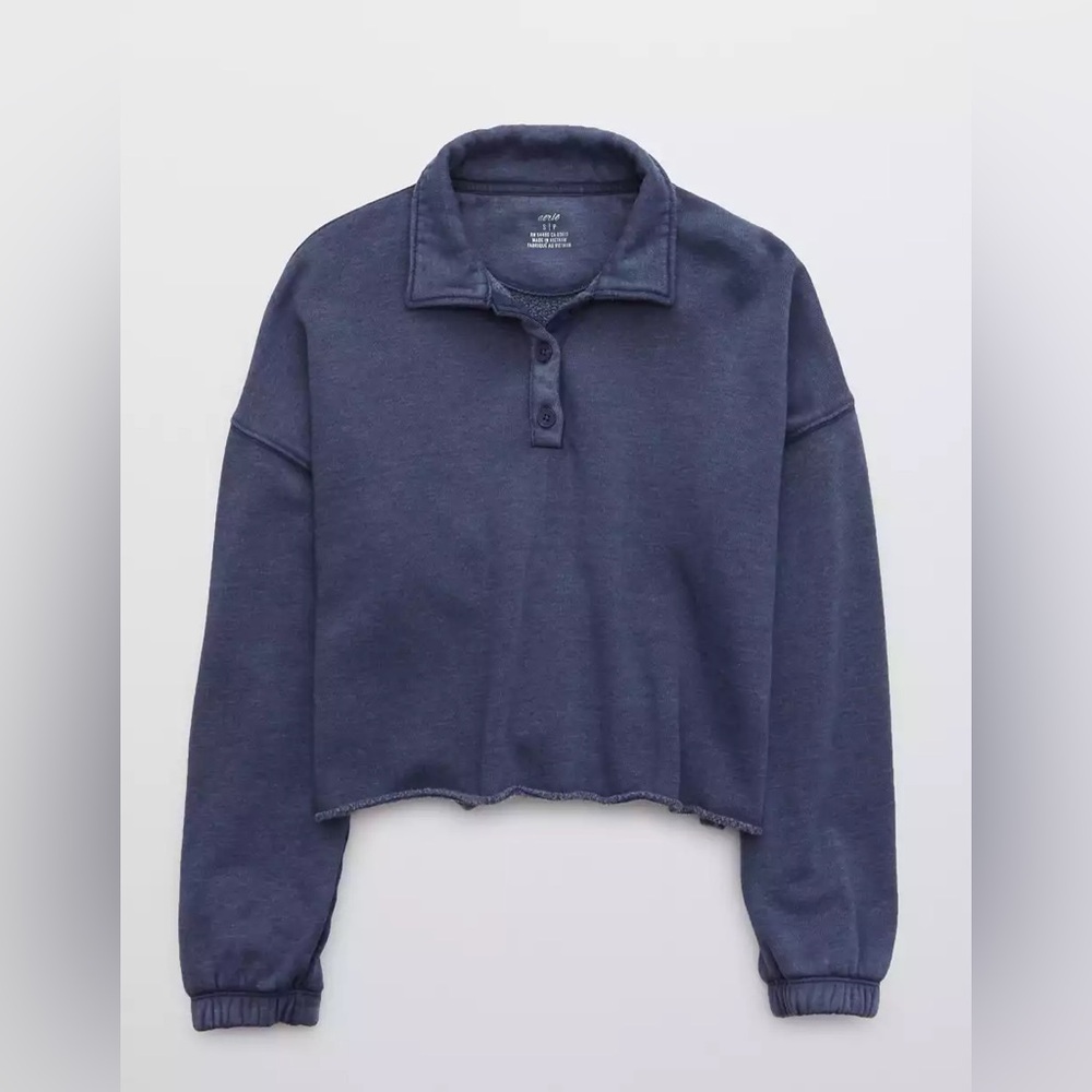 Cropped Collared Pullover Sweatshirt - Navy